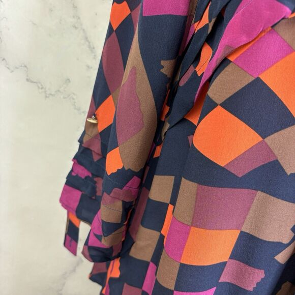 Anthropologie Silk Tunic Blouse Top M Office geometric 70s style Pleated Artsy - Picture 11 of 14